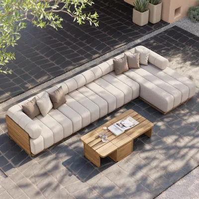 Homary 7 Pcs Modular Patio Outdoor Sectional Sofa Set Teak Exterior Furniture For 5 Person In White Cushion