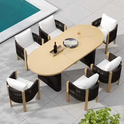 Homary 7 Pcs Outdoor Extendable Dining Set, Farmhouse Style Extendable Outdoor & Yard Dining Table Set With In Black