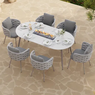 Homary 7 Pcs Outdoor Propane Fire Pit Table & Rope Woven Armchair Oval Outdoor Dining Set Modern Yard & Pti In Gray