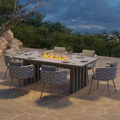Homary 7 Pcs Outdoor Propane Fire Pit Table & Rope Woven Armchair Rectangular Outdoor Dining Set Modern Yar In Gray