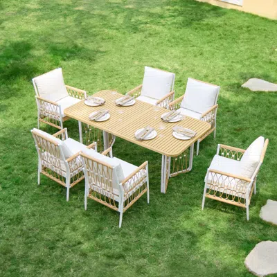 Homary 7 Pcs Woven Rope Outdoor Dining Set Boho Style Yard & Patio Furniture For 4-6 Person In Khaki & Whit In White