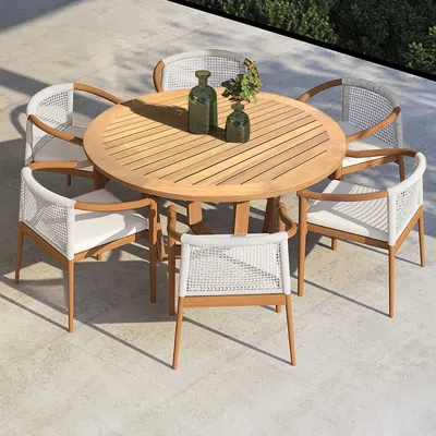 Homary 7 Pieces Teak Outdoor Dining Set Wood Round Dining Table With 6 Chairs In Natural In Neutral
