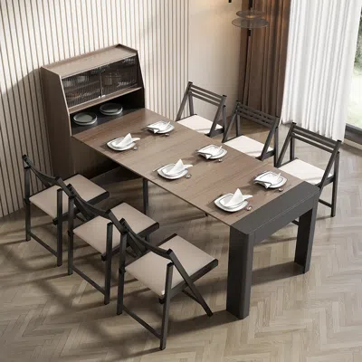 Homary 70.9" Extendable Dining Table Rectangle With Sideboard Storage For 6 Farmhouse Walnut & Gray In Black