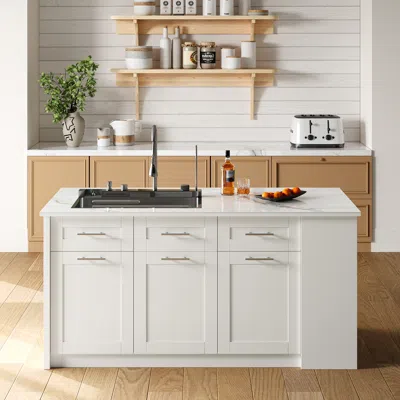 Homary 70.9" Kitchen Islands Faux Marble Top With Workstation Sink & Storage White Modern Kitchen Cabinet