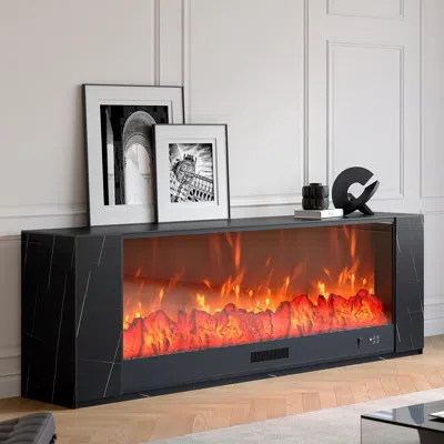 Homary 70.9" Modern Black Marble Veneer Sintered Stone Electric Fireplace Tv Stand With Remote Control Temp