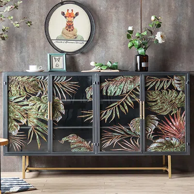 Homary 70.9'' Modern Painted Sideboard Buffet With Glass Doors And Shelves In Multi