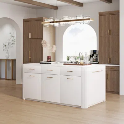 Homary 70.9" Modern Sintered Stone Kitchen Island With Adjustable Storage & Towel Rack In White