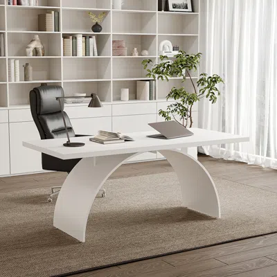 Homary 70.9" Modern White Rectangular Writing Desk & Office Desk Chair Set High Back