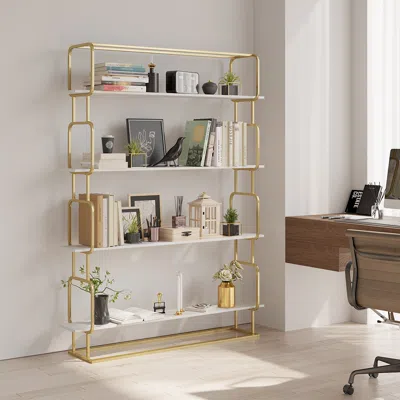 Homary 70.9" Modern White Tall Freestanding Wooden Office 4 Shelves Etagere Bookcase In Gold