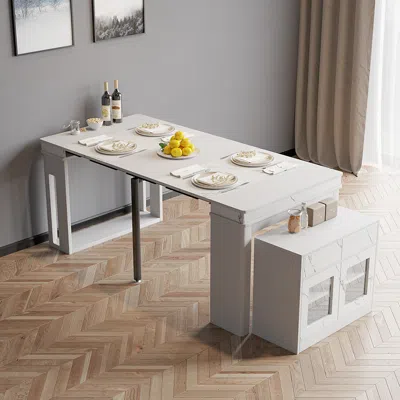 Homary 70.9" Rectangle Extendable Dining Table With Storage Sideboard For 4 Farmhouse White Expandable Tabl
