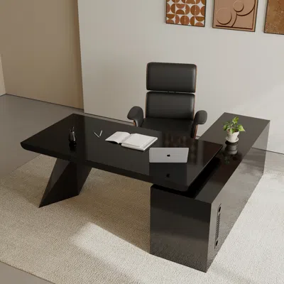 Homary 70.9"  Set Black L-shape Executive Desk Left Hand Reclining Leather Office Desk Chair