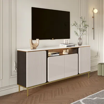 Homary 70.9" Sintered Stone Top Tall Beige Tv Stand With 4 Doors & 5 Shelves In White