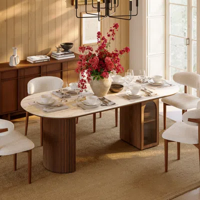 Homary 71" Faux Travertine Oval Dining Table With Fluted Base & Storage In Brown