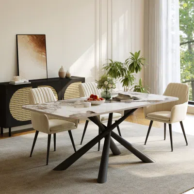Homary 71" Modern Sintered Stone Top Rectangle Dining Table With Stainless Steel Trestle In White