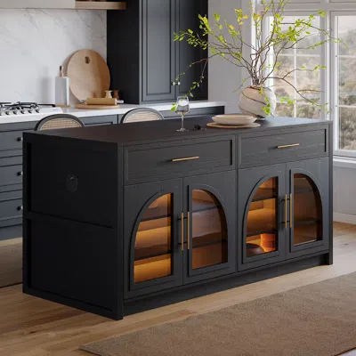 Homary 71" Modern Style Black Kitchen Islands With Glass Doors & Drawers