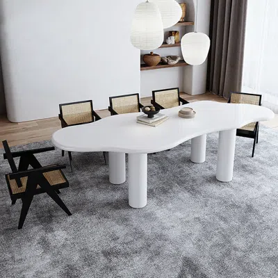 Homary 71" White Irregular Dining Table 6 Seater Japandi Dining Room Table 4-leg