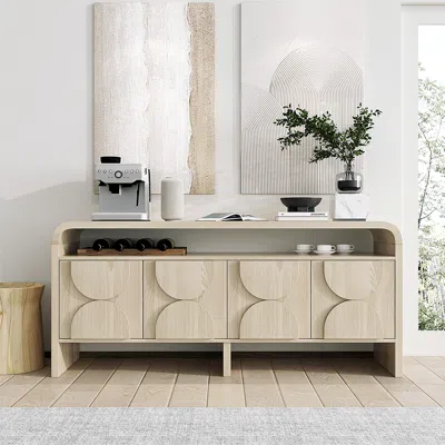 Homary 71" Wood Sideboard Buffet Japandi Distressed White Credenza With Shelves&4 Doors In Neutral