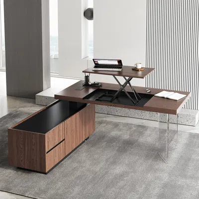 Homary 71.5" Modern Walnut L-shape Executive Desk With Side Cabinet Height Adjustable Desktop Standing Desk In Brown