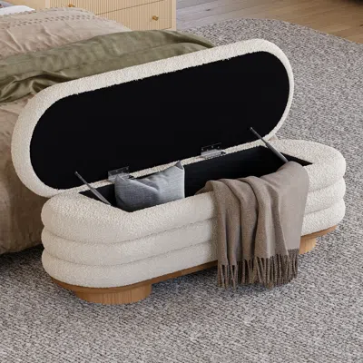 Homary 71"w Modern White Bedroom Storage Bench Boucle Upholstery With Wood Legs