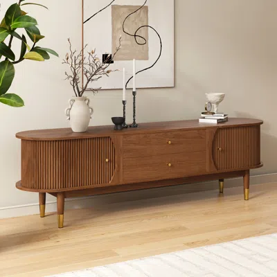 Homary 72'' Ash Wood Fluted Tv Stand Mid Century Modern Media Console With Storage In Walnut In Brown