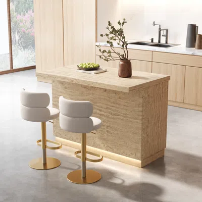 Homary 72" Japandi Kitchen Island With Seating Gray Wooden Storage Kitchen Cabinet &  2 Counter Stools In Neutral