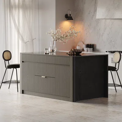 Homary 72" Kitchen Island Sintered Stone Top With Storage Black Modern