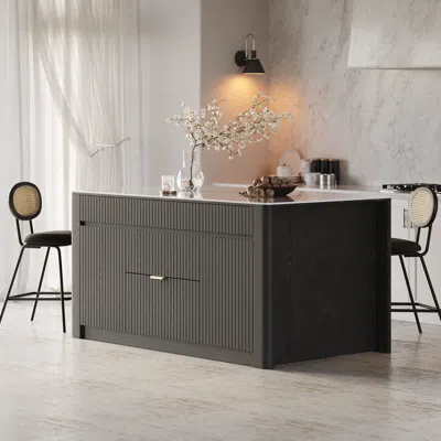 Homary 72" Kitchen Island Sintered Stone Top With Storage Black Modern In Gray
