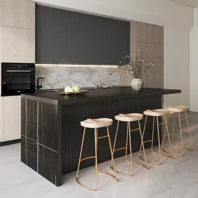Homary 72" Large Kitchen Island Marble Veneered Top With Storage Black Modern Kitchen Cabinet In Brown