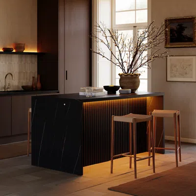 Homary 72" Waterfall Wood Kitchen Lsland Fluted Panel Design With & Storage & Led Light In Brown