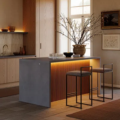 Homary 72" Waterfall Wood Kitchen Lsland Fluted Panel Design With & Storage & Led Light In Black