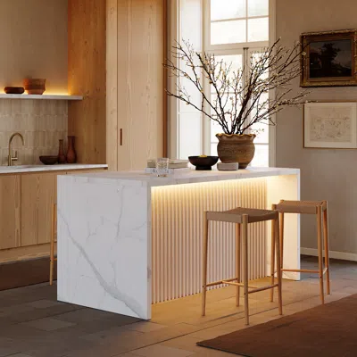 Homary 72" Waterfall Wood Kitchen Lsland Fluted Panel Design With & Storage & Led Light In White