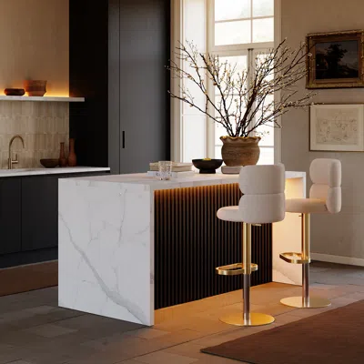 Homary 72" Waterfall Wood Kitchen Lsland Fluted Panel Design With & Storage & Led Light In White