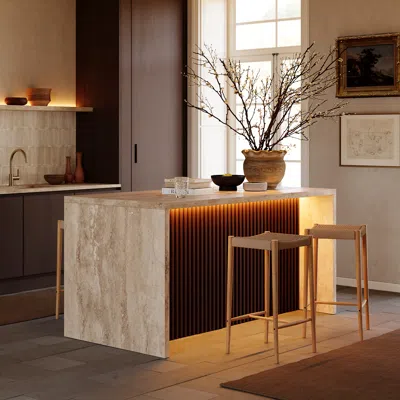 Homary 72" Waterfall Wood Kitchen Lsland Fluted Panel Design With & Storage & Led Light In Brown