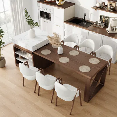 Homary 73"-93" Extendable White&walnut Kitchen Island With Storage Kitchen Cabinet