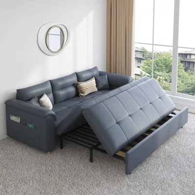 Homary 74" 2-seater Daybed With Trundle Faux Leather Pull Out Sofa Bed In Blue