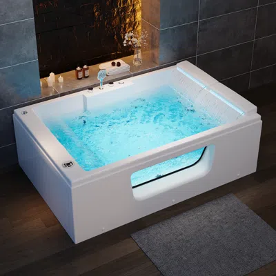 Homary 74.4" Acrylic Jetted Jacuzzi Bathtub With Thermostat Control & Led-lit Waterfall Pillow In White