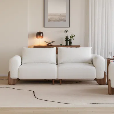 Homary 78" Curva Boucle Upholstered 2 Seater Sofa With Wood Legs Loveseat With Pillows In White
