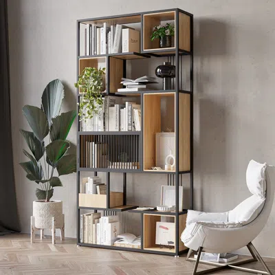Homary 78" Modern Black Steel Geometric Bookcase 6-tier Bookshelf Wooden Tall Book Shelf In Brown