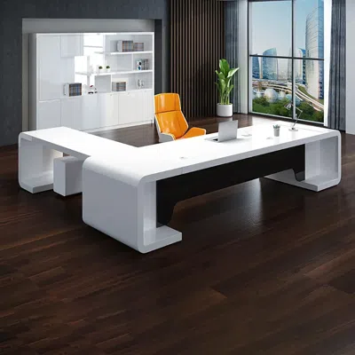 Homary 78.7" L-shaped Modern  Executive Desk Of Right Hand With Drawers In White & Black