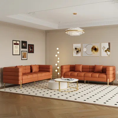 Homary 78.7" Modern Performance Leather Upholstered Fluted 3 Seater Sofa For Living Room With Pillow Set Of In Brown
