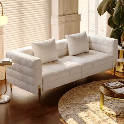 Homary 78.7" Modern White Boucle Upholstered Fluted 3 Seater Sofa For Living Room With Pillow