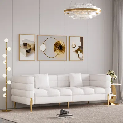 Homary 78.7" Modern White Leather Upholstered Fluted 3 Seater Sofa For Living Room With Pillow