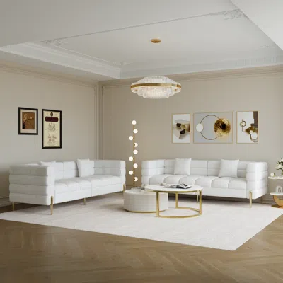 Homary 78.7" Modern White Leather Upholstered Fluted 3 Seater Sofa For Living Room With Pillow Set Of 2