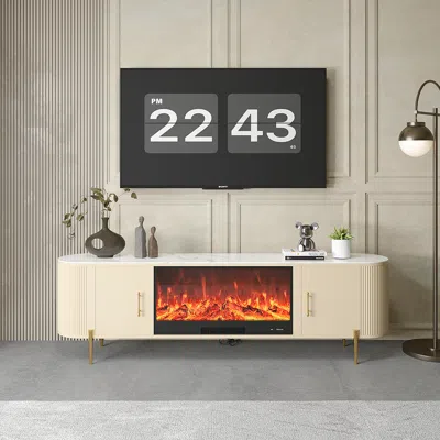 Homary 78.7" Sintered Stone Top Electric Fireplace Tv Stand With Remote Control And Storage In White