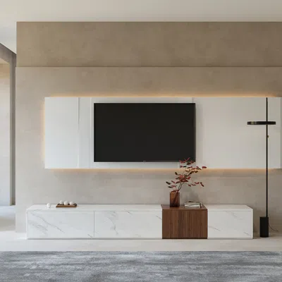 Homary 78.9" Vewal Modern Wood Block Tv Stand Marble & Walnut Veneer In White With 4 Drawers