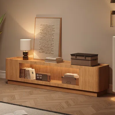 Homary 79'' Glass Door Tv Stand Mid Century Modern Wood Media Console With Storage & Led In Natural In Brown
