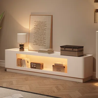 Homary 79'' Glass Door Tv Stand Mid Century Modern Wood Media Console With Storage & Led In White In Brown