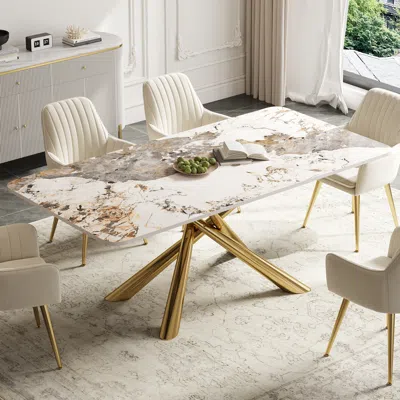 Homary 79" Modern Faux Marble Top Rectangle Dining Table With Stainless Steel Trestle In White