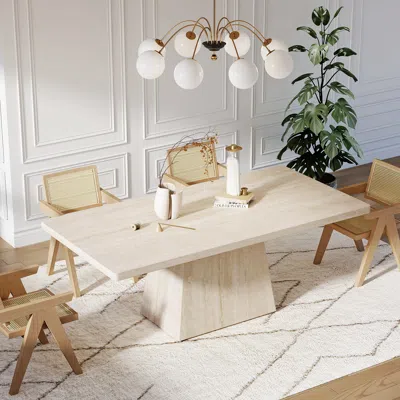 Homary 79" Modern Rectangular Faux Travertine Dining Table, Indoor/outdoor, Seats 6-8 In Neutral
