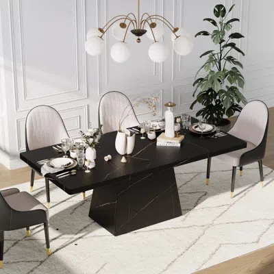 Homary 79" Modern Rectangular Faux Travertine Dining Table, Indoor/outdoor, Seats 6-8 In Black